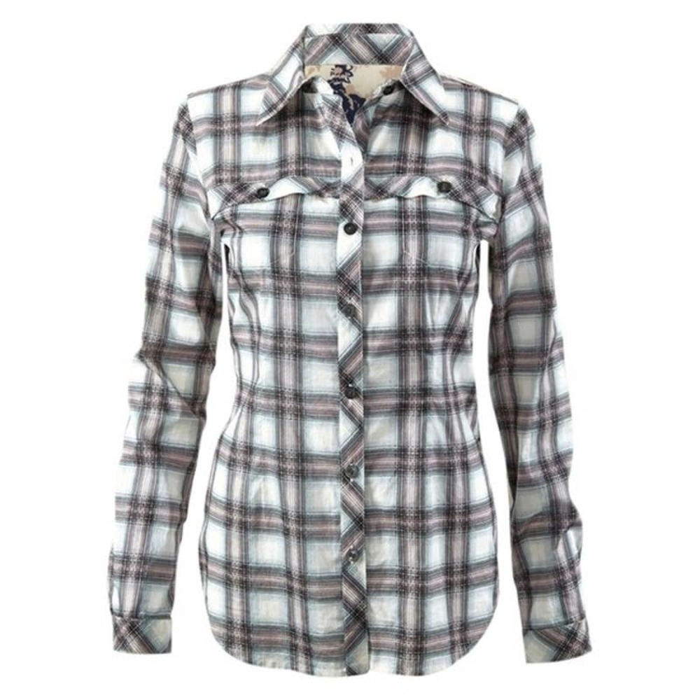 Cabi Shirt Size S Button Down Collared Festival Mixed Media Print Plaid Top Gray - Picture 8 of 8